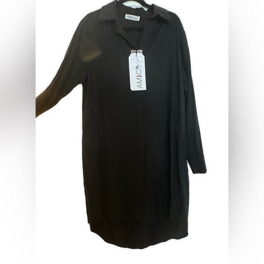 ITALY Amici by Baci Long Sleeve Black Shirt Dress BACI TRADE LLC NY Collar L NWT